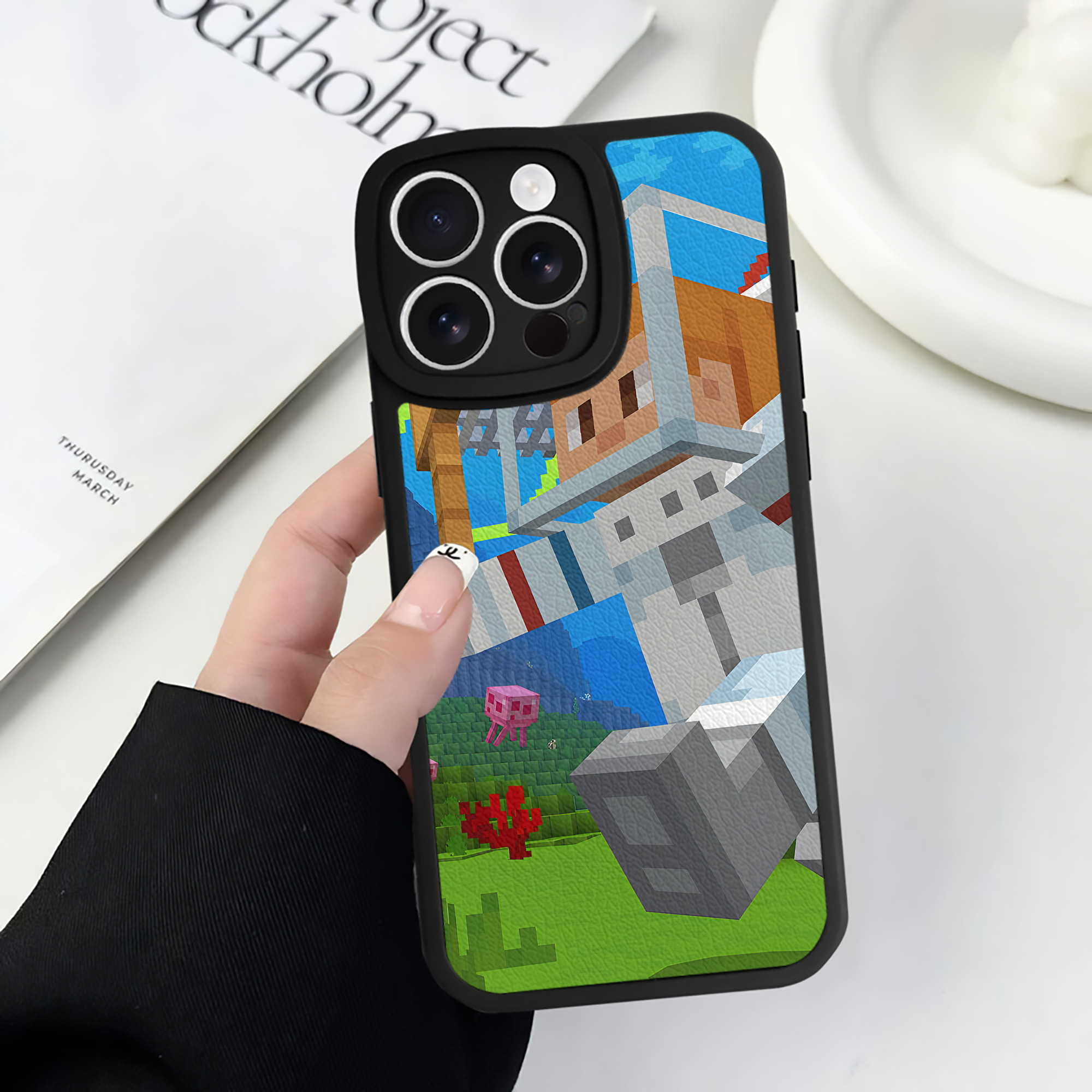 （画像用） マインクラフト ブロックの世界 Minecraft MC Block world 【iPhone 16シリーズ対応】シリコンスマホケース（レザー調） 材質：シリコン